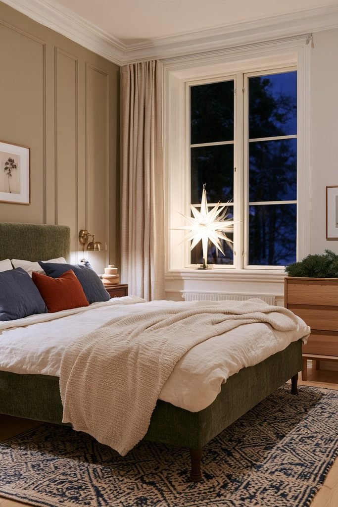 Scandinavian bedroom with a glowing white Lucia Christmas star in the window, sage upholstered bed, colorful pillows, wool textiles, and Nordic holiday decor.