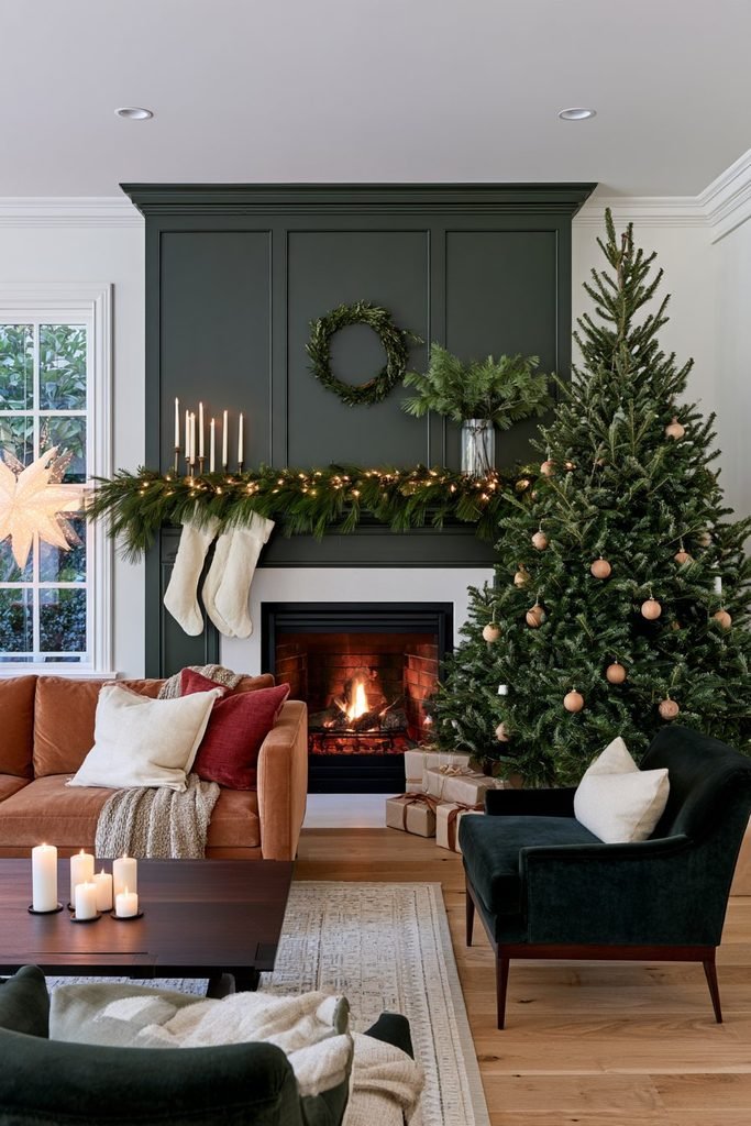Scandinavian Christmas fireplace mantel styled with white ceramic candle holders, a glass vase of fir branches, and cream linen stockings.