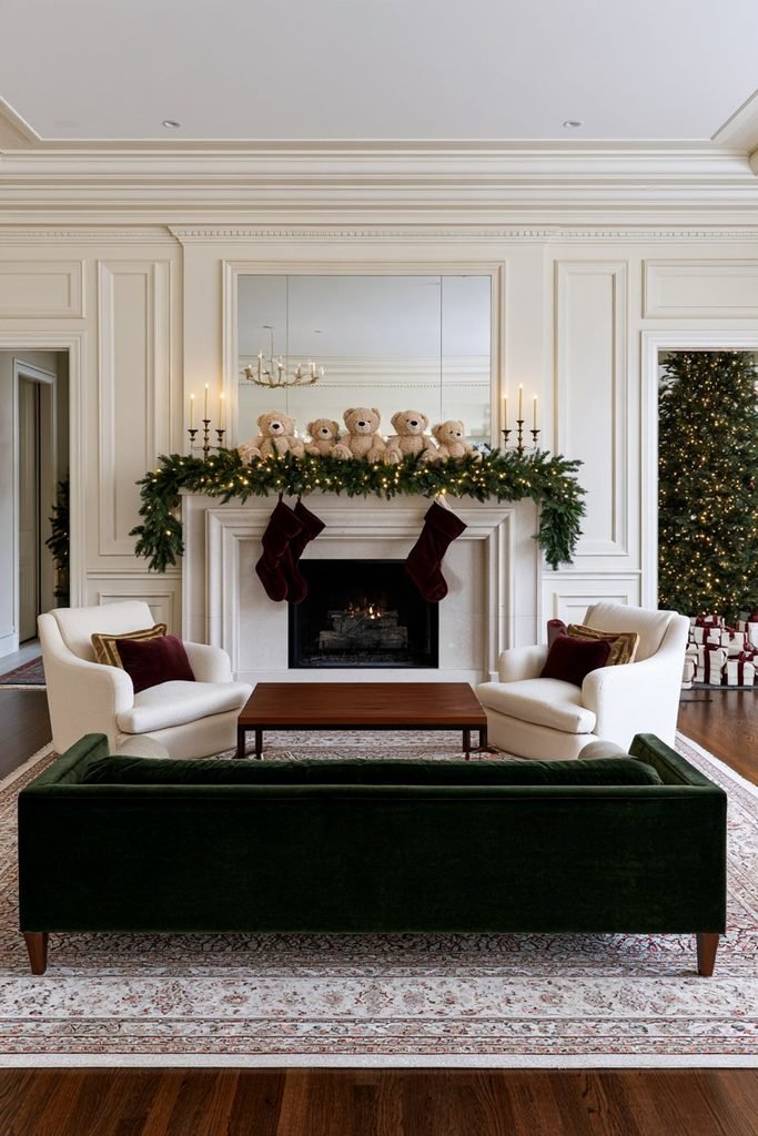Christmas fireplace mantel decorated with a row of teddy bears, evergreen garland, festive stockings, and glowing holiday lights