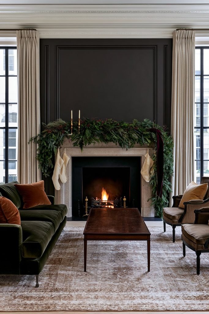 Christmas mantel decorated with a lush evergreen garland and elegant holiday accents