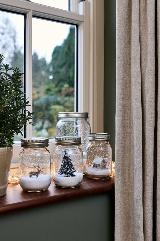DIY mason jar Christmas snow globes with miniature reindeer, pine trees, and cottages arranged on a winter windowsill.