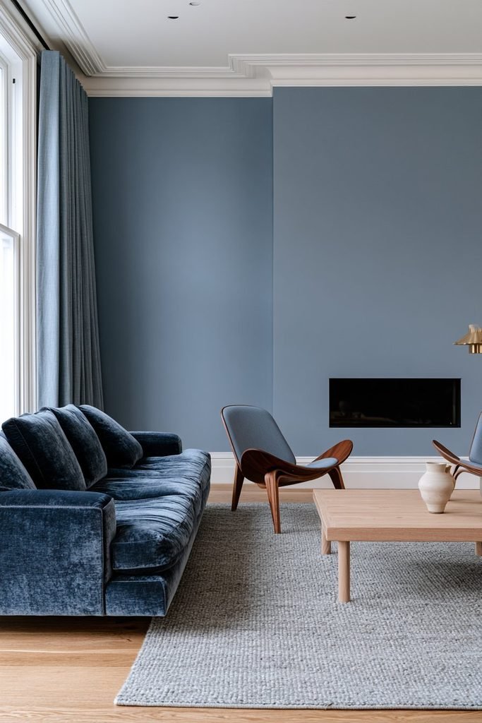 Dusty blue colour-drenched living room with matching blue curtains, velvet sofa, walnut furniture and wool rug