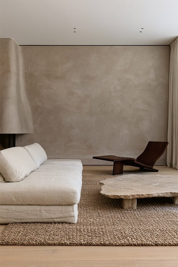 Matte taupe Marmorino plaster living room wall with visible trowel texture, linen sofa, limestone table, and wool rug
