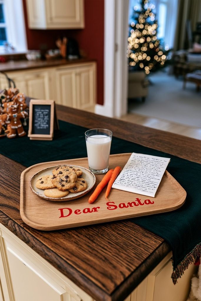 Christmas Eve milk and cookies tray with Dear Santa lettering, chocolate chip cookies, a glass of milk, and a carrot for Santa's reindeer.