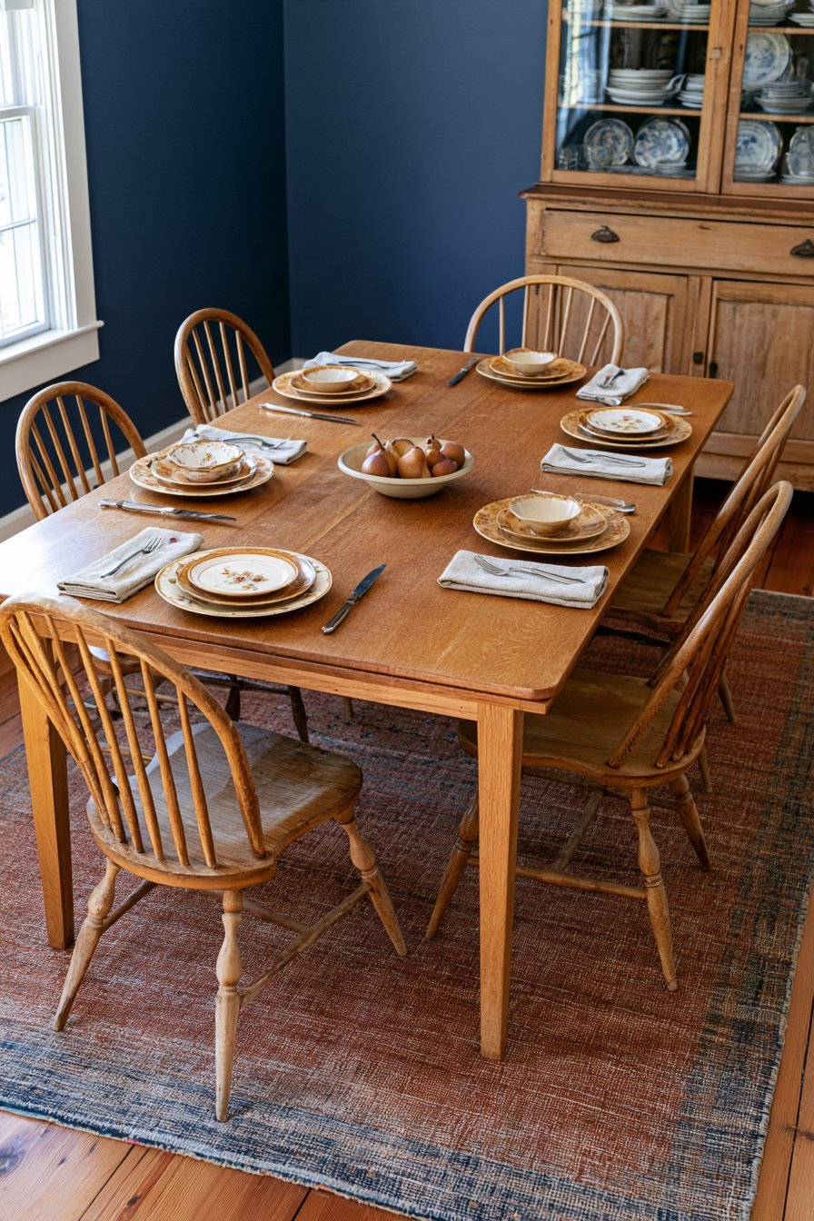 Vintage Thanksgiving table featuring mismatched thrifted china, antique wooden dining chairs, and rich Victorian wallpaper in a colorful dining room.