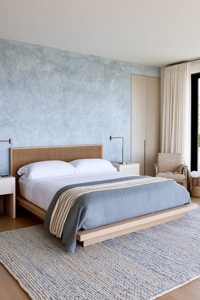 Soft misty blue Venetian plaster bedroom wall with white linen bedding, pale wood furniture, and brushed nickel sconces