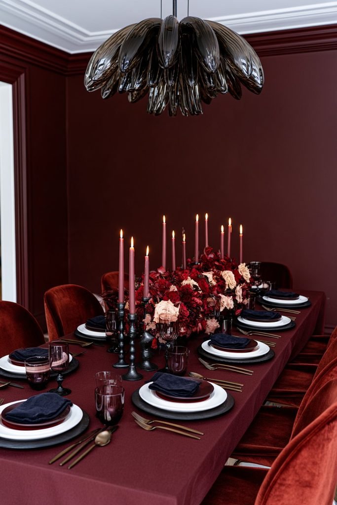 Moody Thanksgiving dining table with burgundy linens, plum and navy accents, blush flowers, mauve candles, and white plates.