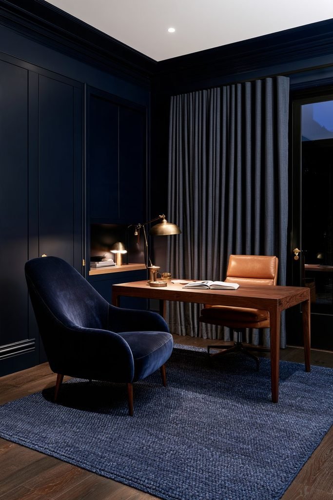 Moody navy blue colour-drenched home office with velvet armchair, walnut desk and warm lighting