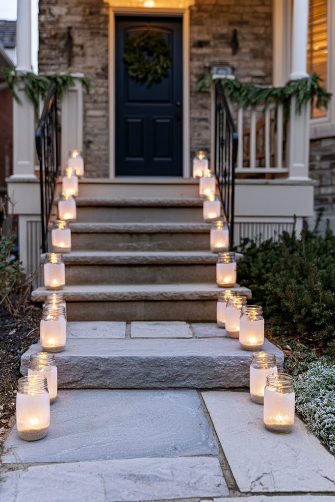 Frosted mason jar Christmas luminaries with warm LED lights lining the clear stone walkway to a decorated front porch.