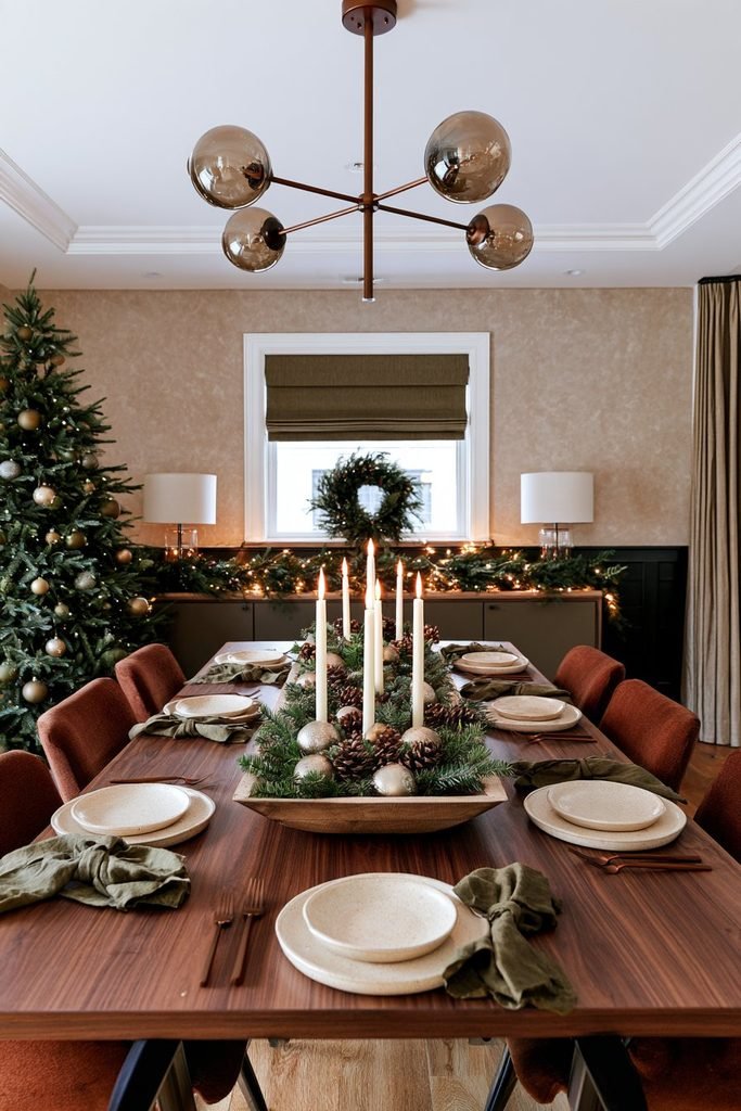 Christmas dining table decor featuring a movable centerpiece tray on an ivory-painted rectangular table, paired with caramel leather chairs and warm holiday greenery.