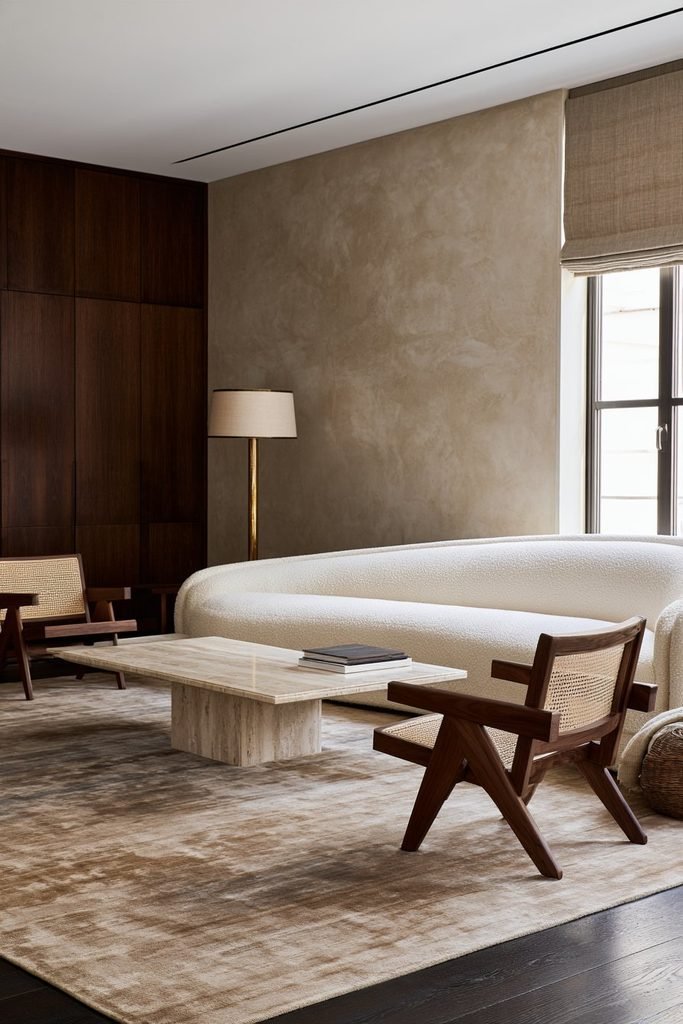 Mushroom taupe Venetian plaster living room wall with walnut furniture, wool rug, and warm neutral textiles