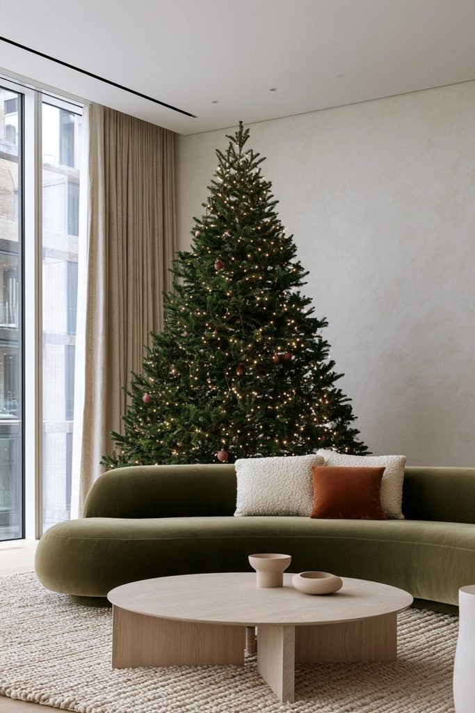 Scandinavian Christmas living room with muted gray walls, natural oak furniture, forest-green cushions, warm lighting, and understated festive decorations.