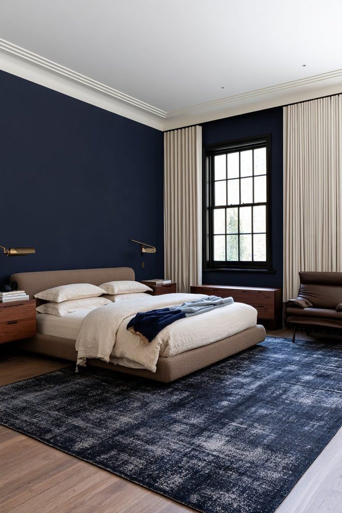 Contemporary dark academia bedroom featuring deep navy walls, cream bedding, walnut nightstands, and elegant brass bedside lamps.