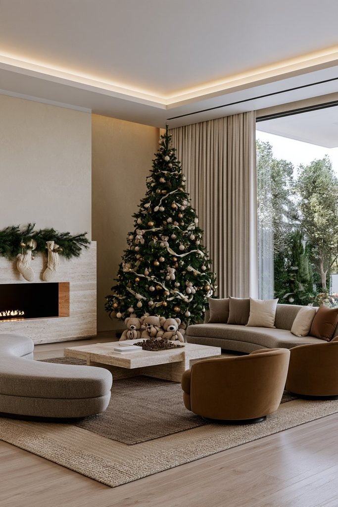 Neutral Christmas decor featuring cream and beige teddy bears, natural wood ornaments, soft textures, and warm white tree lights