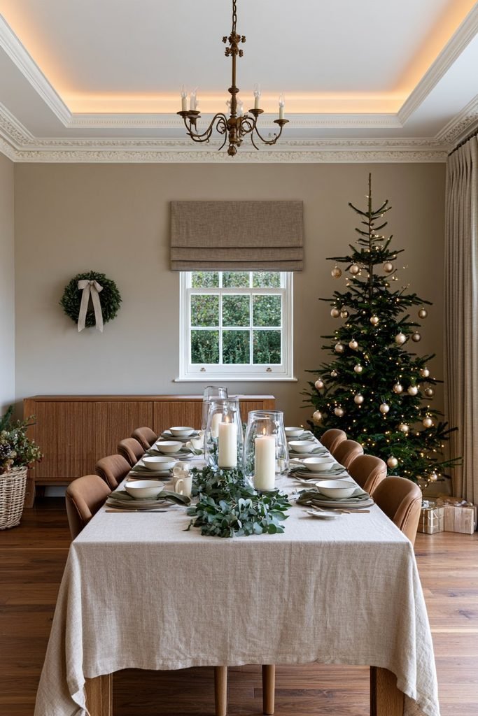 Neutral Christmas dining table decor with a linen table runner, an oval travertine table, natural wood chairs, and soft festive greenery.