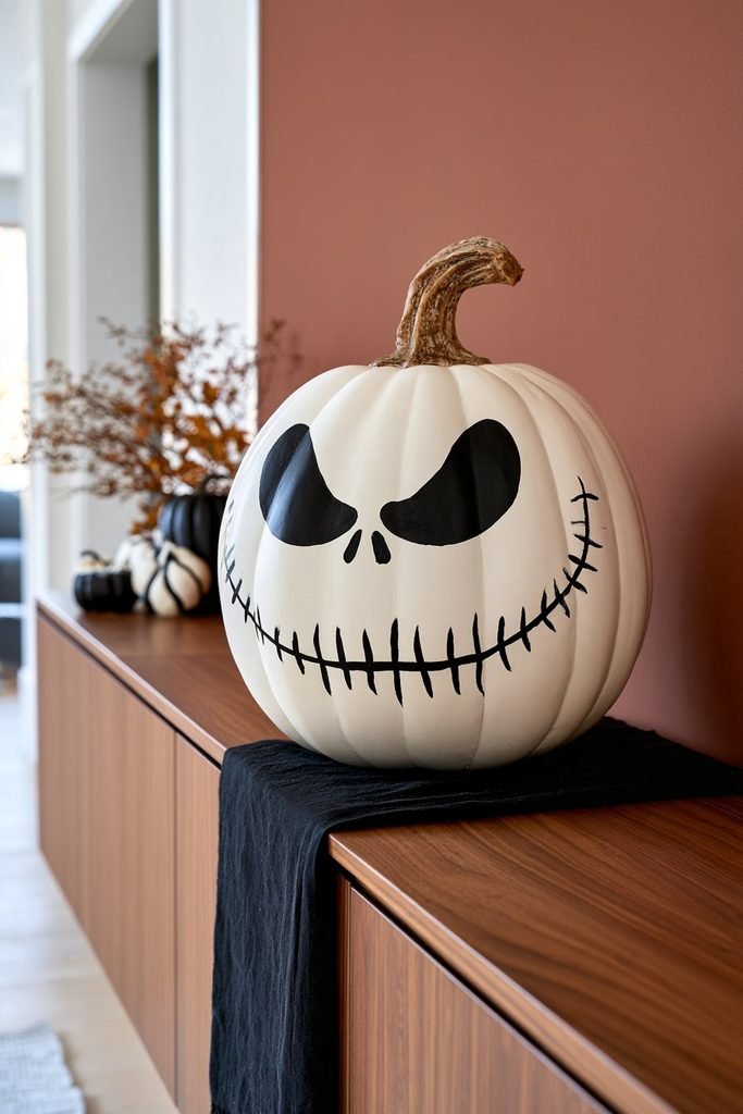 No-carve Jack Skellington pumpkin painted with a white skull face, black eyes, and a curved grin for an easy Halloween craft.