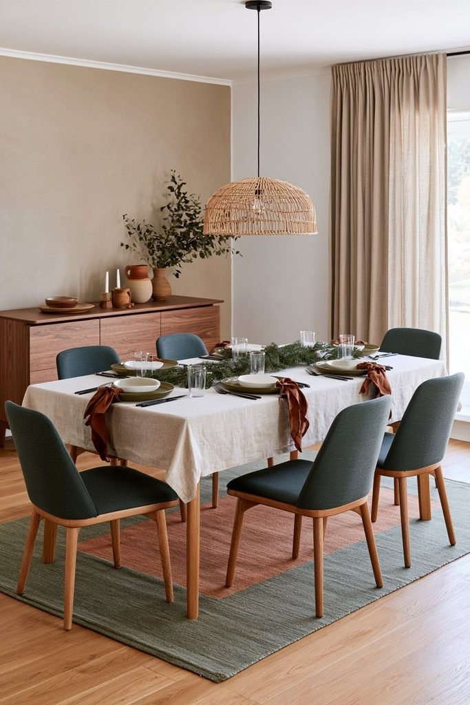Scandinavian dining room with natural linen Christmas tablecloth, green upholstered chairs, oak table, evergreen centerpiece, and warm Nordic holiday styling.
