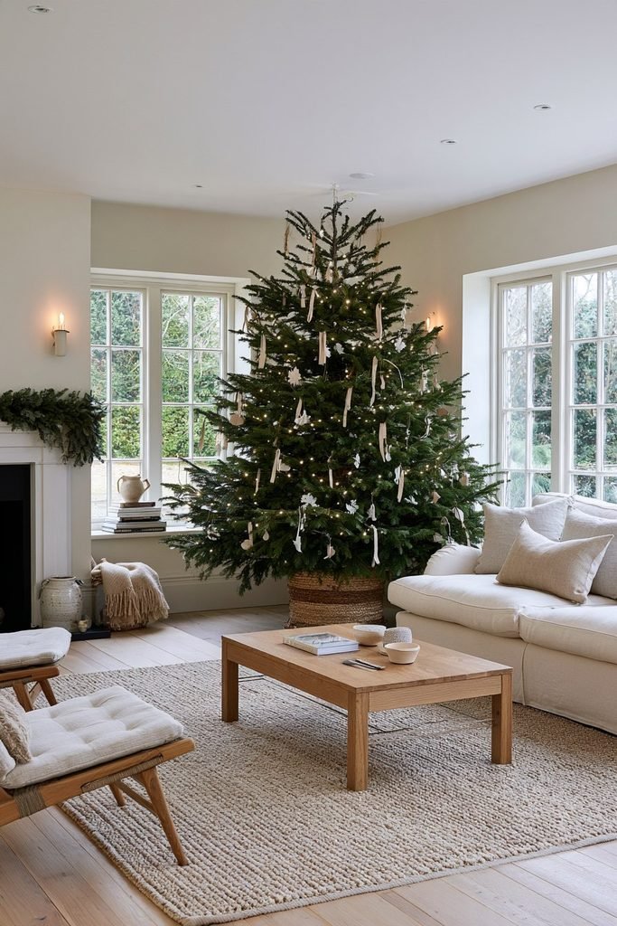 Scandinavian living room with a naturally decorated fir Christmas tree, linen ribbons, warm white lights, and understated Nordic furnishings.