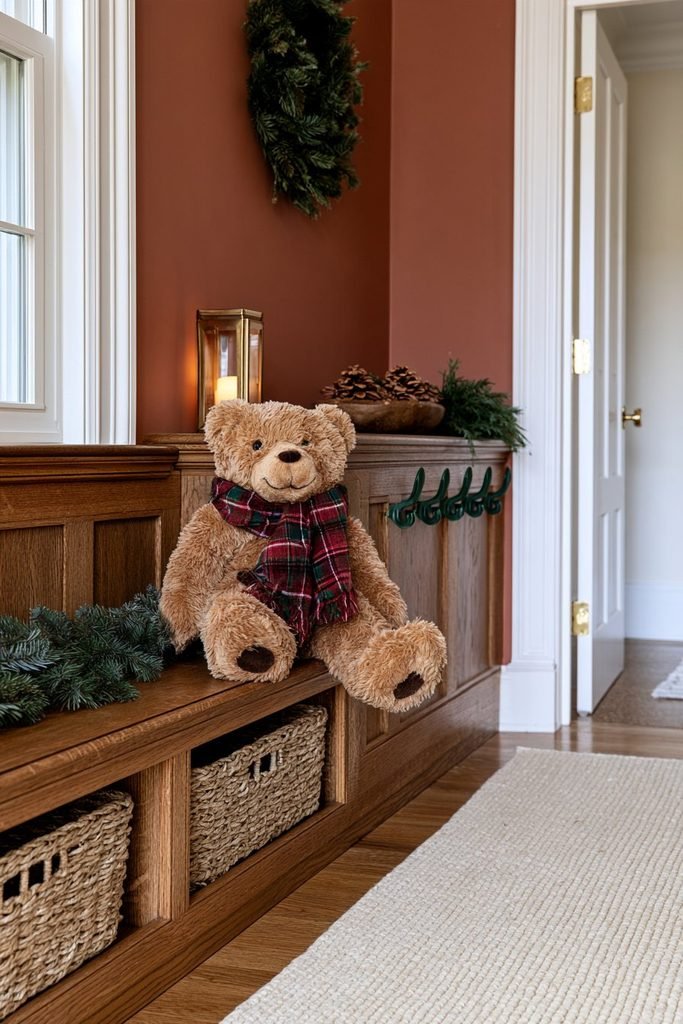Single teddy bear displayed on a Christmas entryway console with evergreen garland, warm lighting, and understated holiday decorations
