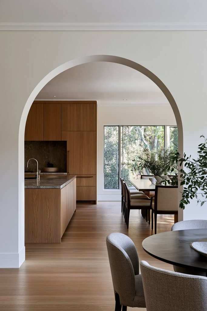 Wide arched doorway connecting an open-plan kitchen and dining room with warm oak flooring.