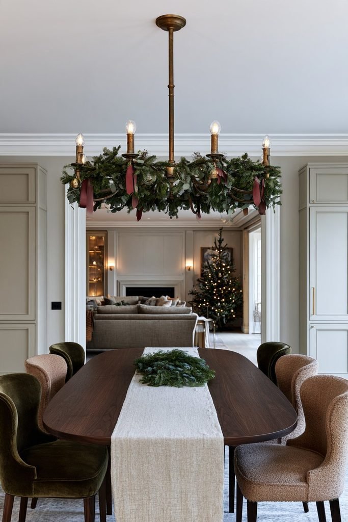 Christmas dining room with fresh cedar, pine, and eucalyptus greenery wrapped around an antique brass chandelier above a walnut table.