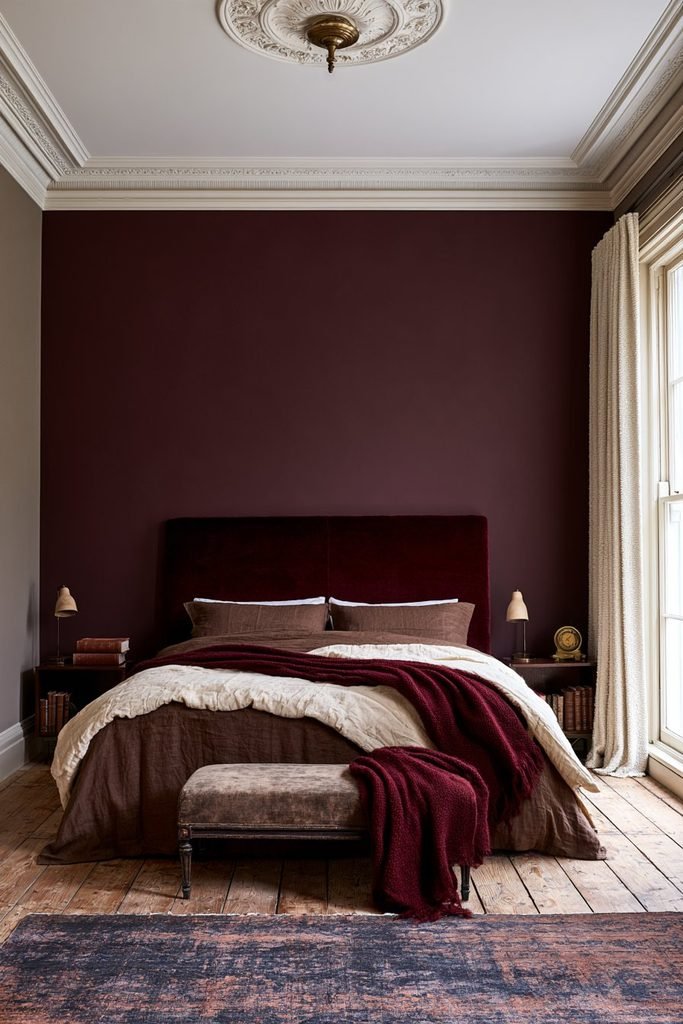 Modern dark academia bedroom with an oxblood velvet headboard, burgundy bedding accents, charcoal walls, and walnut furniture.