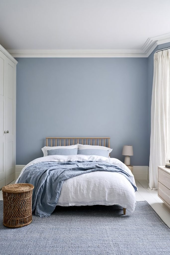 Pale blue colour-drenched bedroom with matching walls and ceiling, light wood furniture and white bedding