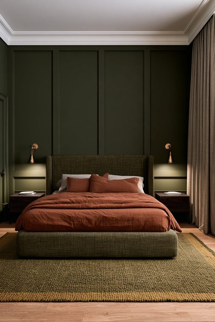 Deep olive green colour-drenched bedroom with matching Shaker wall panelling, ceiling, wardrobe and warm walnut furniture