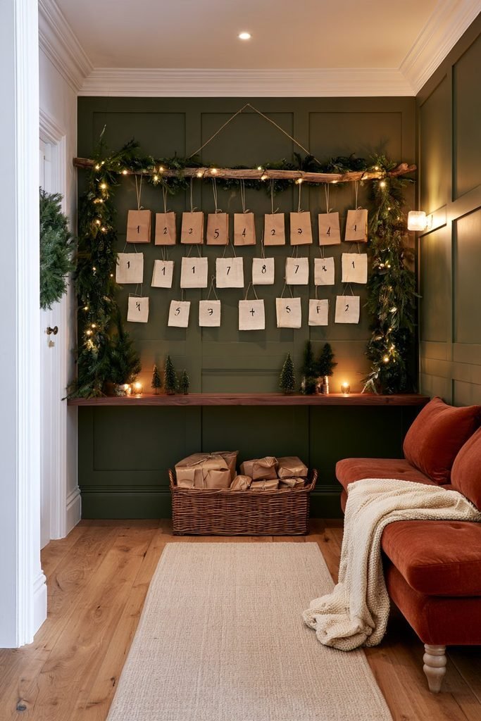 Handmade Scandinavian Christmas Advent calendar with numbered kraft paper bags hanging from a wooden dowel in a decorated hallway.