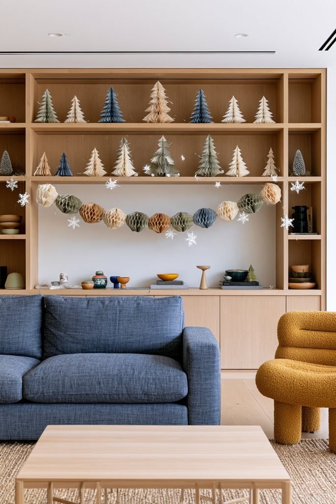 Handmade paper concertina Christmas garland decorating a stylish holiday interior