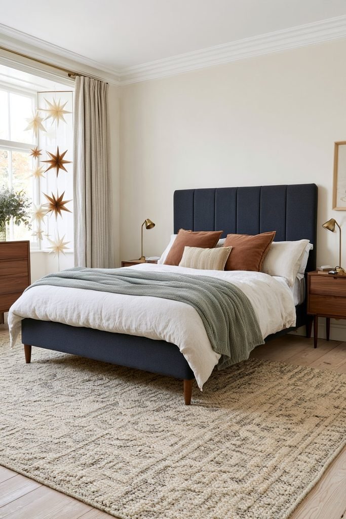 Scandinavian bedroom decorated with handmade paper Christmas stars, dusty blue bedding, natural wood furniture, and warm Nordic holiday accents.