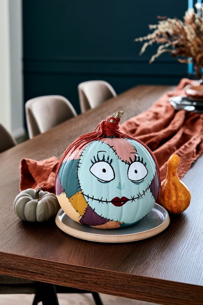 Sally-inspired Halloween pumpkin decorated with colorful patchwork patterns and stitched details from The Nightmare Before Christmas.