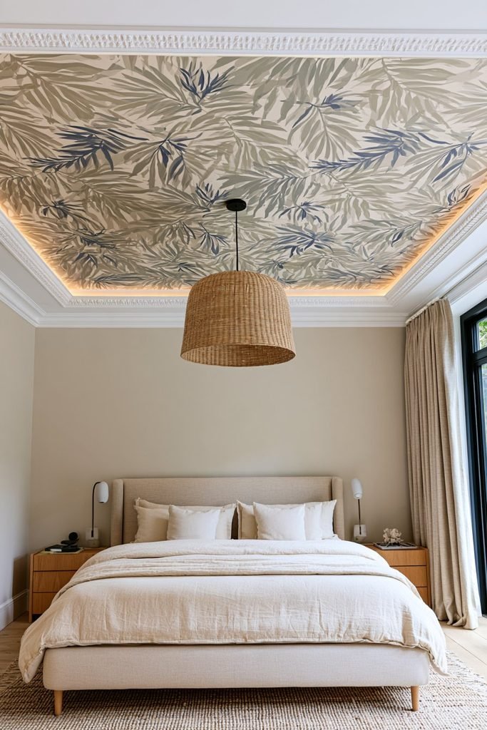 Botanical peel-and-stick wallpaper statement ceiling with removable trim in a stylish bedroom