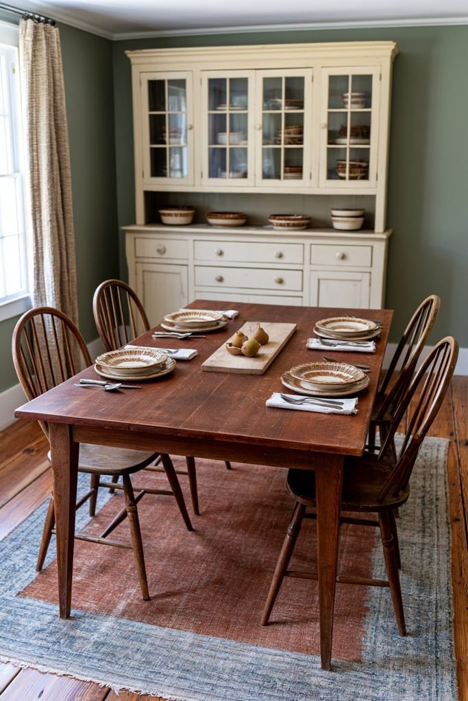 Vintage Thanksgiving table set with Pfaltzgraff Heritage-style stoneware plates, oak trestle furniture, and traditional Arts and Crafts dining room decor.