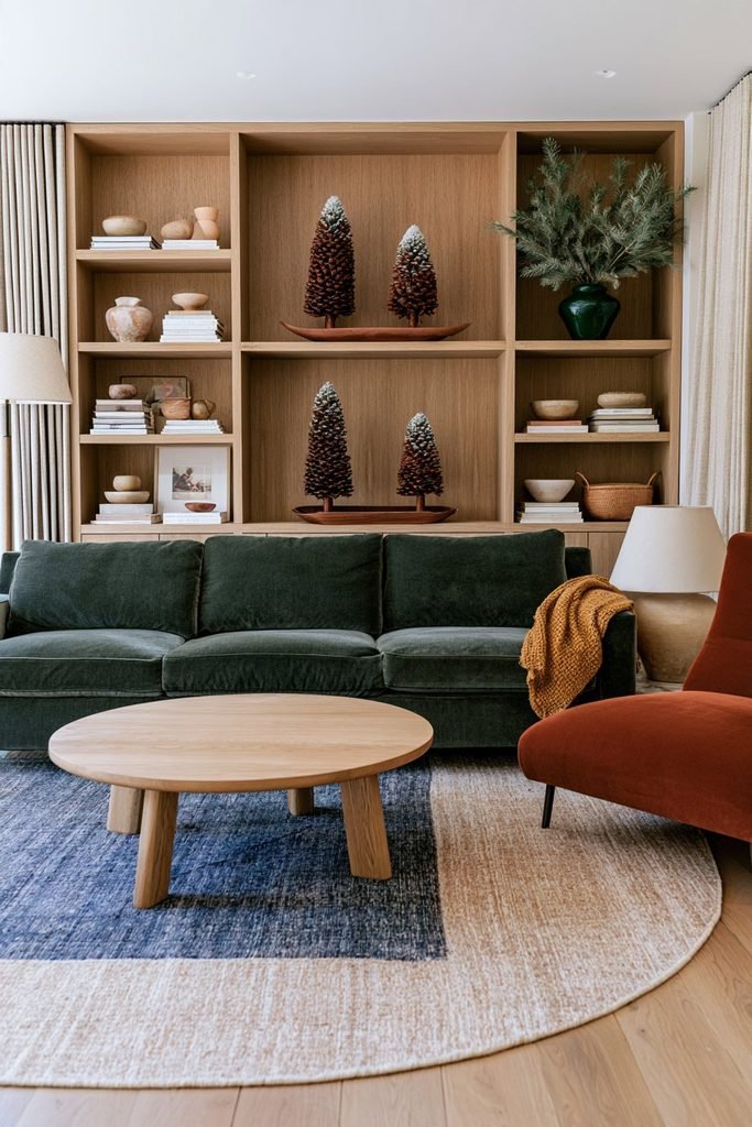 Scandinavian living room featuring three frosted pinecone Christmas topiaries on a walnut tray within built-in shelving, surrounded by colorful Nordic furnishings.