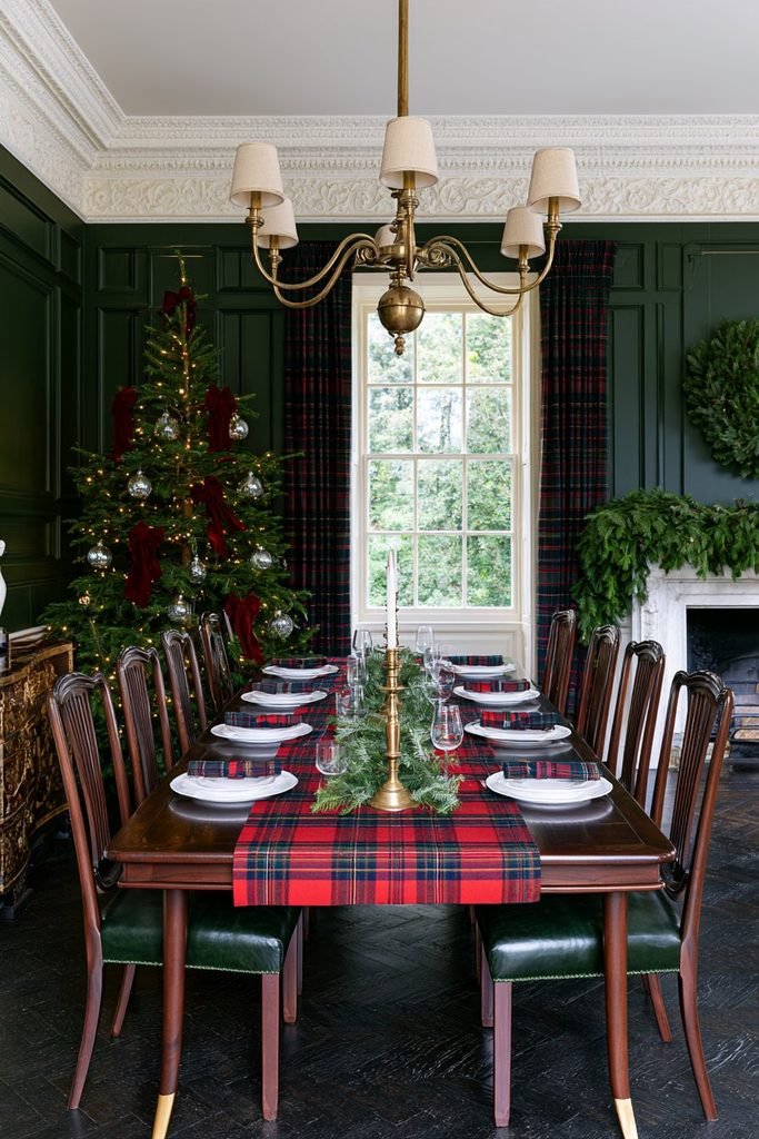 Christmas dining table decor with plaid and tartan layers, a dark walnut table, green leather chairs, and traditional festive decorations.