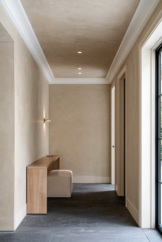Creamy taupe Venetian plaster ceiling in a refined residential entryway with oak furniture and warm lighting