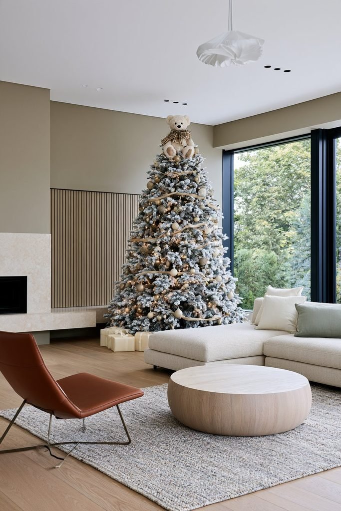Plush teddy bear Christmas tree topper nestled among evergreen branches, warm lights, and traditional holiday ornaments