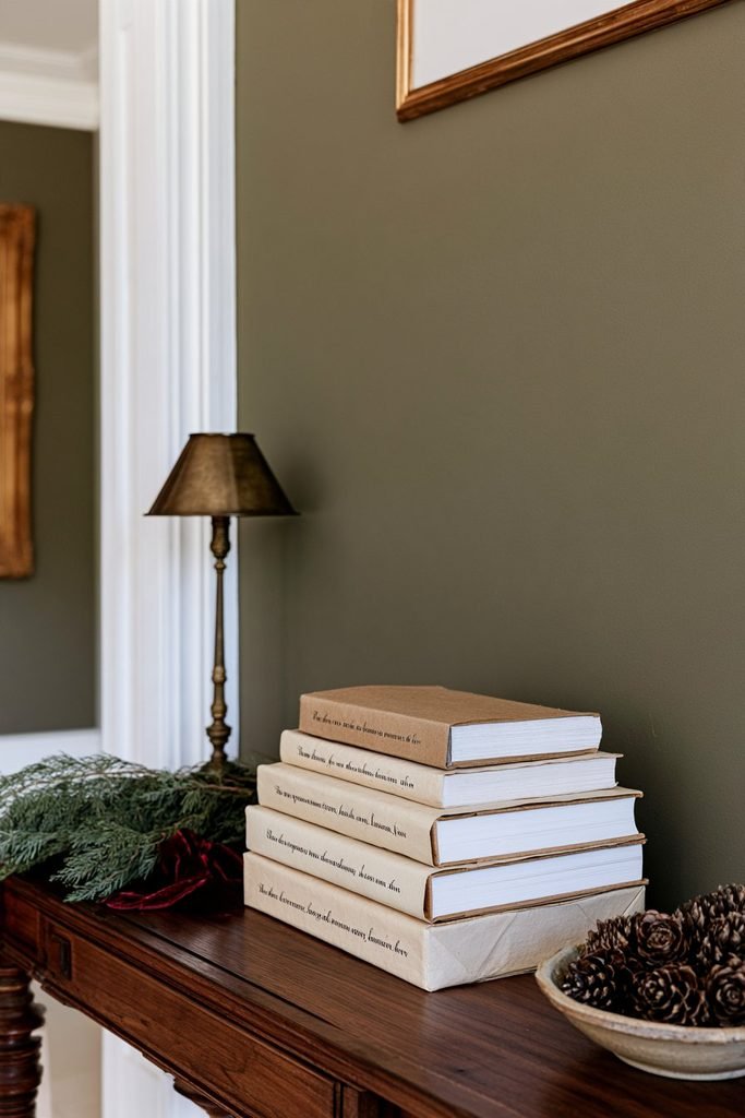 DIY Christmas poem book covers made with cream and kraft paper stacked on a walnut console table with festive greenery.