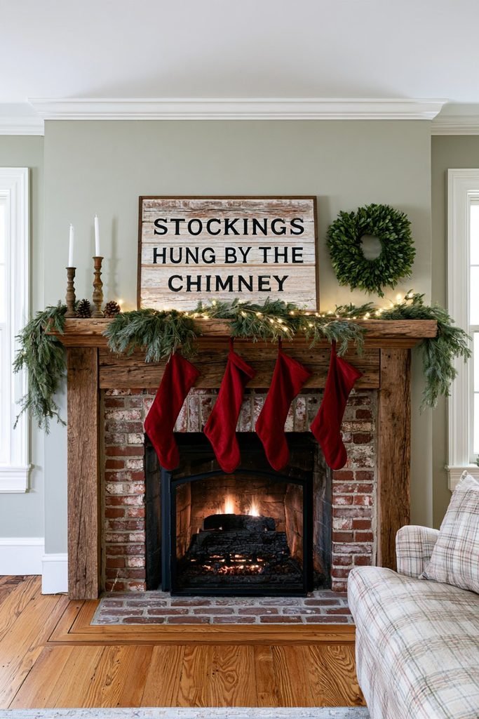 Rustic wooden Night Before Christmas poem sign displayed with evergreen garland and handmade stockings on a farmhouse fireplace mantel.