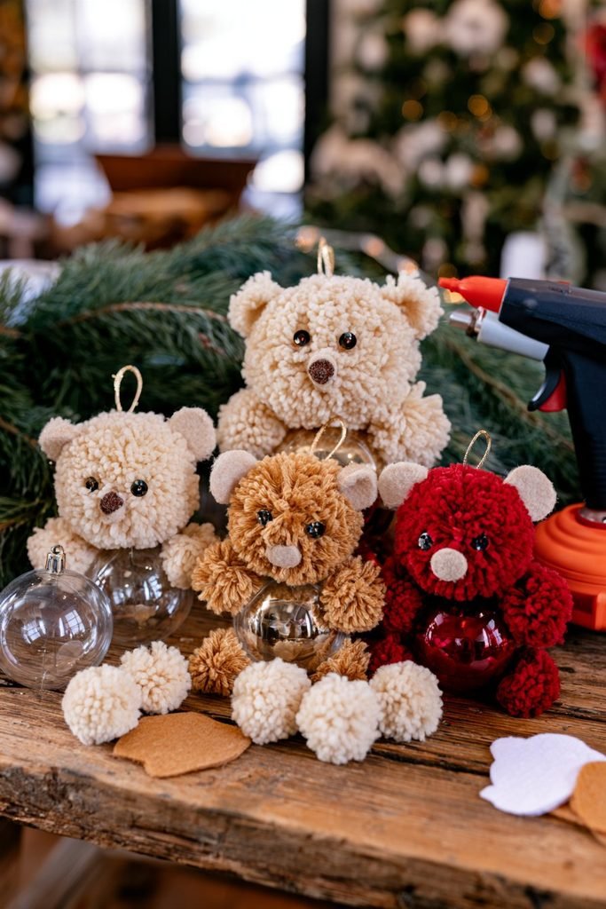 Playful Christmas string lights with teddy bear-shaped pom-pom accents adding a soft, whimsical glow to holiday decor