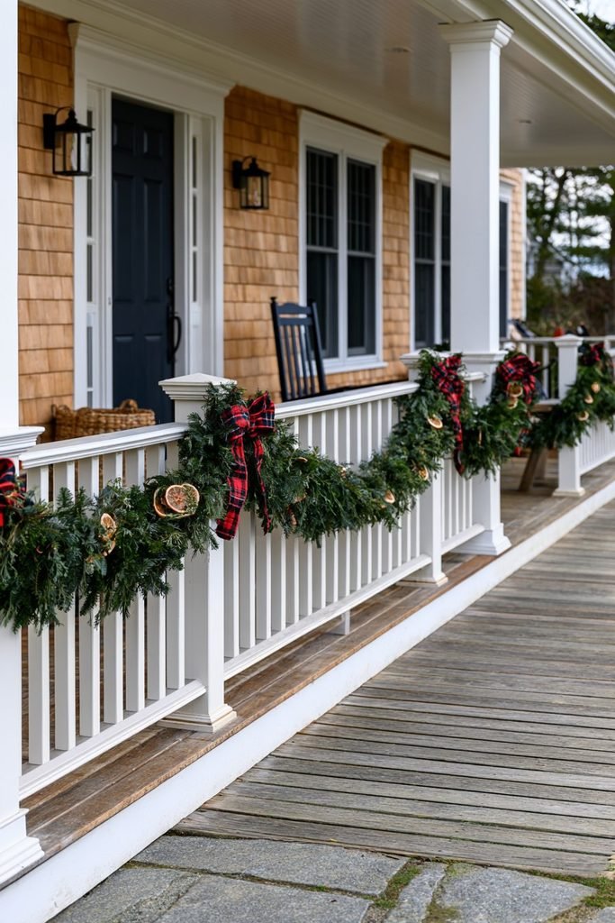 Evergreen Christmas garland wrapped around a front porch railing for outdoor holiday decor