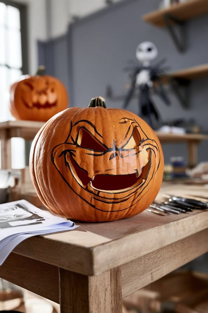 Oogie Boogie pumpkin decorating idea using a printable character pattern to guide the design of a themed Halloween craft.