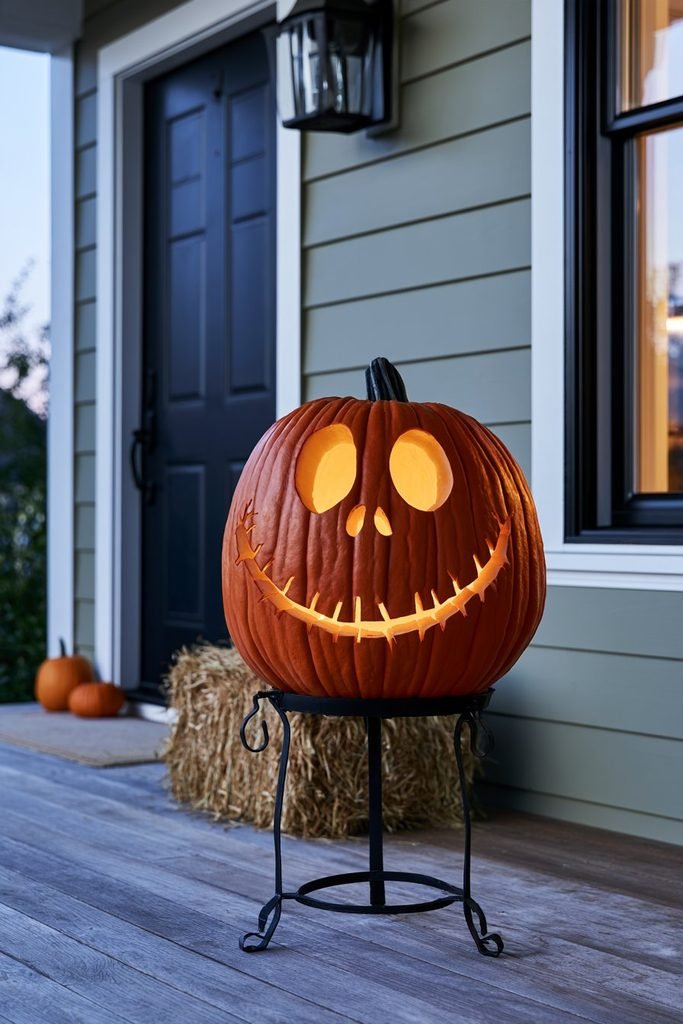 Classic Jack Skellington Pumpkin King design featuring a carved white skull face, black stitched smile, and iconic Nightmare Before Christmas Halloween details.
