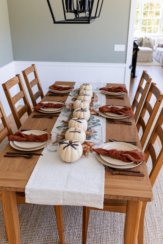 Thanksgiving dining table decorated with ivory pumpkins spelling GIVE THANKS along a linen runner with autumn leaves and rust napkins.