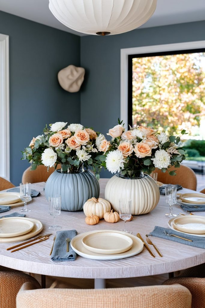 Thanksgiving table centerpiece featuring pale blue and ivory pumpkin vases filled with peach roses, white chrysanthemums, and eucalyptus.