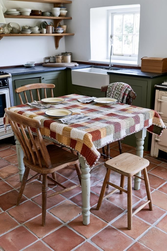 Vintage Thanksgiving dining table covered with a colorful patchwork quilt, antique spindle-back chairs, and rustic farmhouse kitchen decor.
