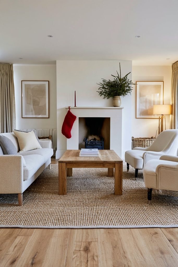 Scandinavian Christmas living room with an olive sofa, warm neutral walls, and restrained red accents including a Christmas stocking and candle.