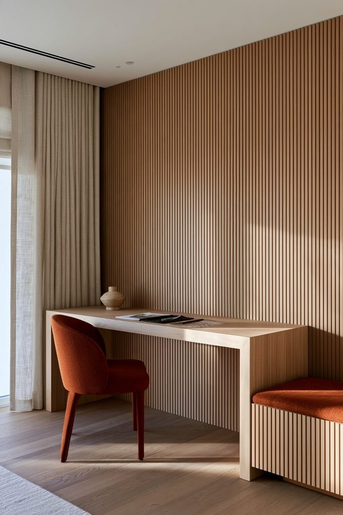 Stylish rental apartment with a removable light-oak fluted feature wall, compact desk, matching storage, upholstered chair, and practical home-office design.