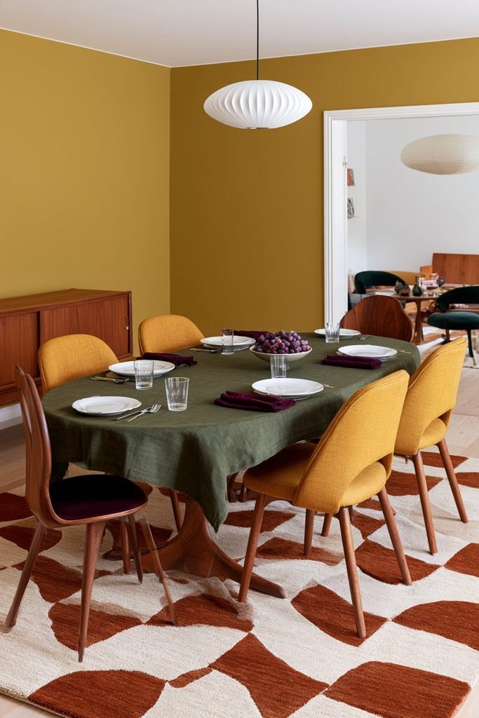 Retro Thanksgiving dining room with an oval teak table, olive-green and plum dining chairs, colorful vintage glassware, and bold 1960s decor.